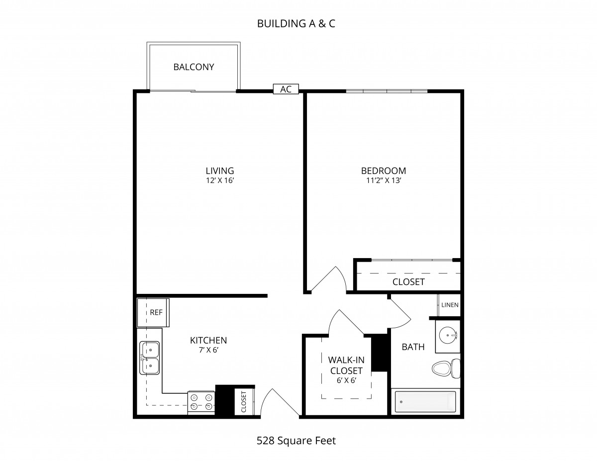 A floor plan of an apartment featuring one bedroom, a kitchen, living room, bathroom, and a balcony.