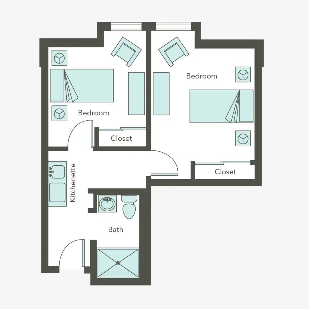 A floor plan depicting a two-bedroom apartment layout with a bathroom and kitchen area.