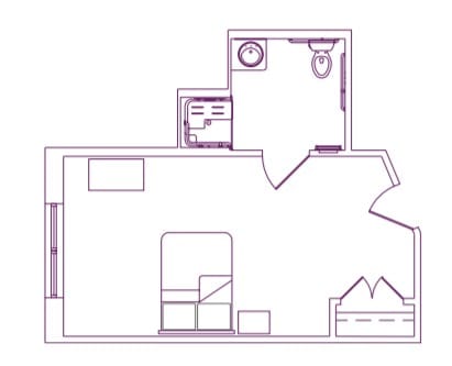A simple floor plan showing a room with a bathroom and basic furnishings.