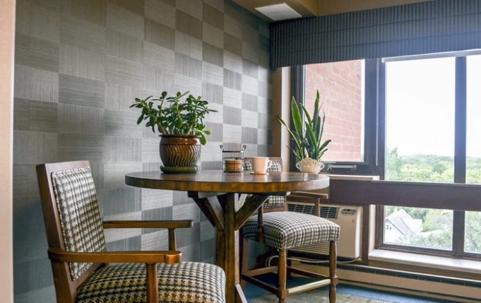 A cozy corner with a small round table adorned with potted plants, flanked by two upholstered chairs near a large window.