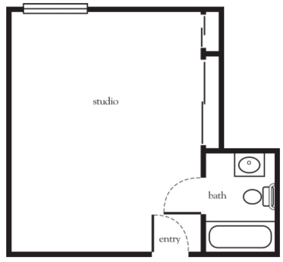 A simple studio apartment floor plan with a bathroom and entryway.