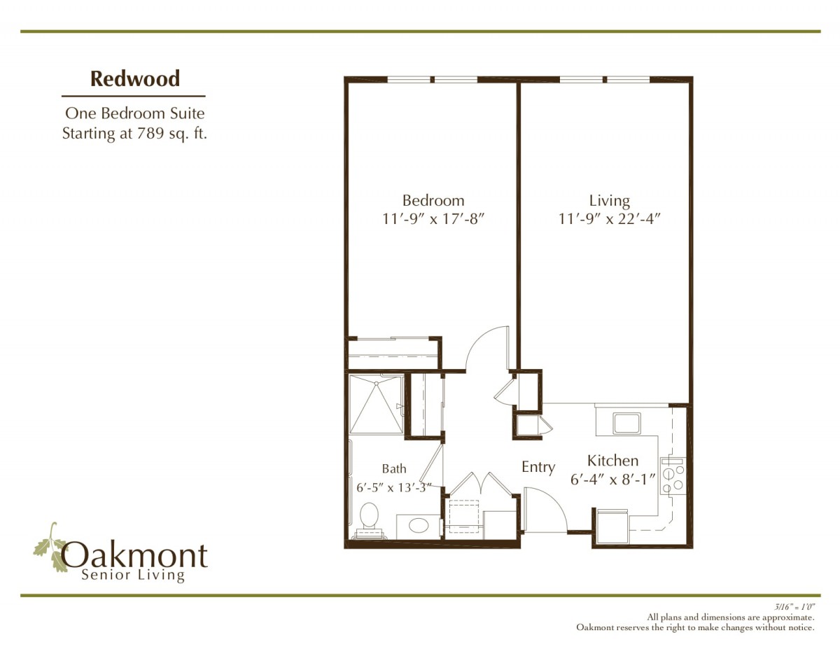 Floor plan of a one-bedroom apartment with designated living, kitchen, and bathroom areas.