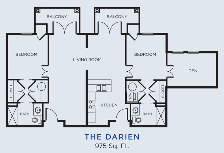 Floor plan of 'The Darien' apartment, measuring 975 square feet with two bedrooms and balconies.