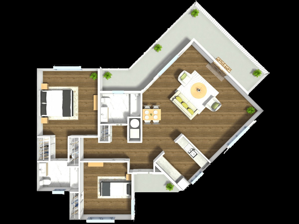 A detailed floor plan of a modern apartment with two bedrooms and an open living area.