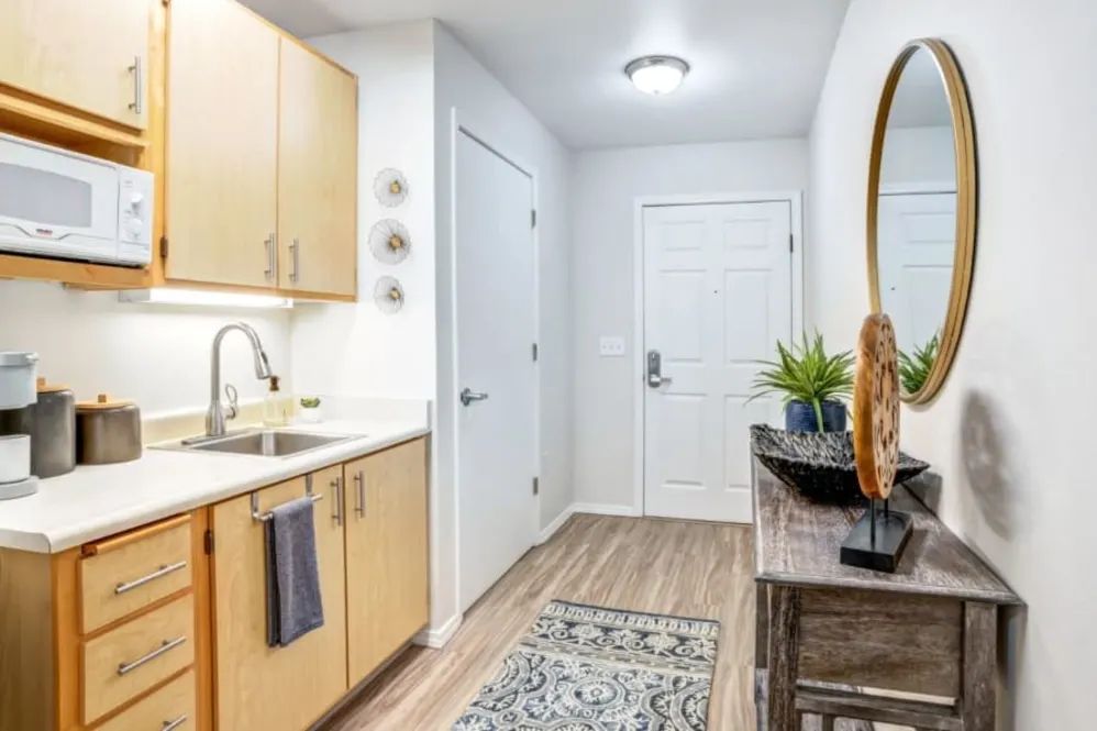 A modern kitchen and entryway with wood flooring and stylish decor.