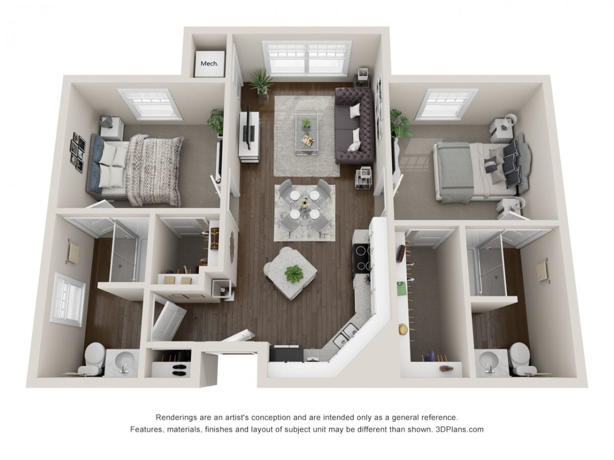 A 3D rendered floor plan of a two-bedroom apartment featuring a living room, kitchen, and bathrooms.