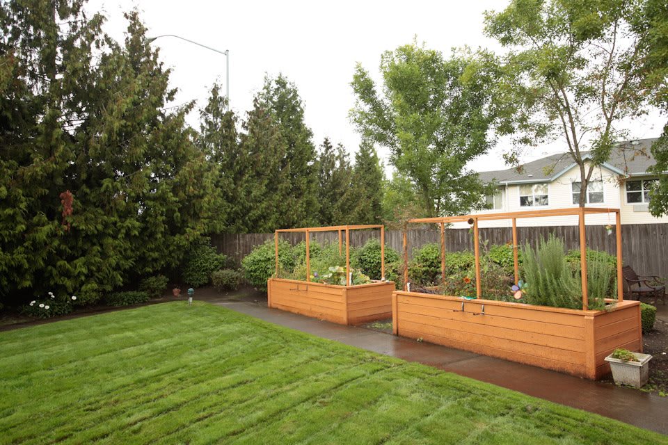 A well-maintained garden with raised beds and a freshly cut lawn.