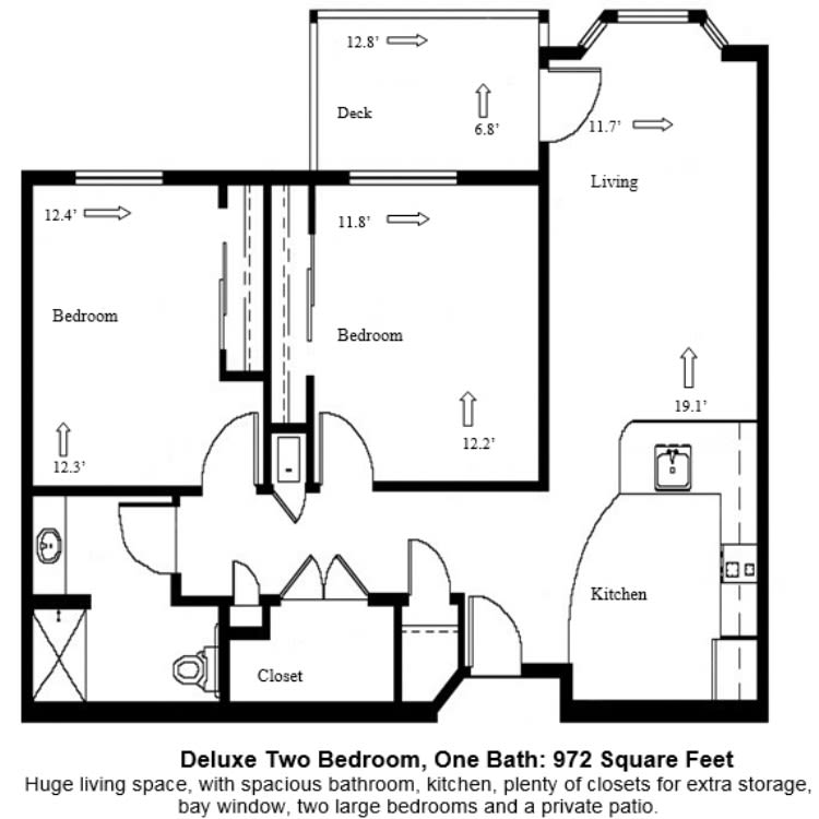 Floor plan of a Deluxe Two Bedroom, One Bath apartment measuring 972 square feet.