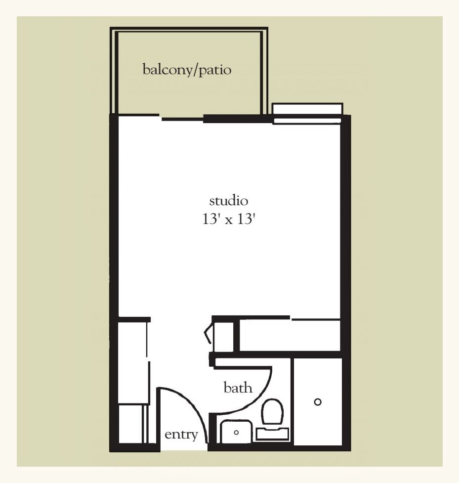 A floor plan of a studio apartment featuring a main living area, balcony, bath, and entryway.