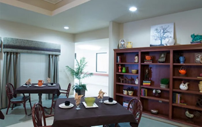 A cozy dining area with a table set for two, surrounded by decorated shelves and indoor plants.