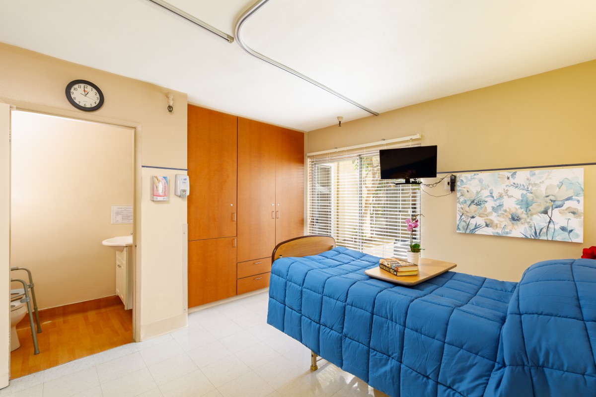 A clean and bright hospital room featuring a single bed with blue bedding, a wall-mounted television, and a vase of flowers by the window.