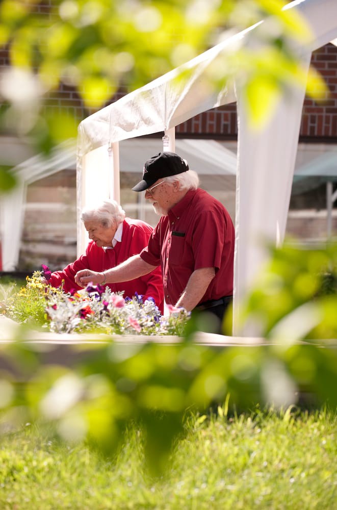 Two elderly individuals tending to a garden under a canopy, enjoying a sunny day outdoors.