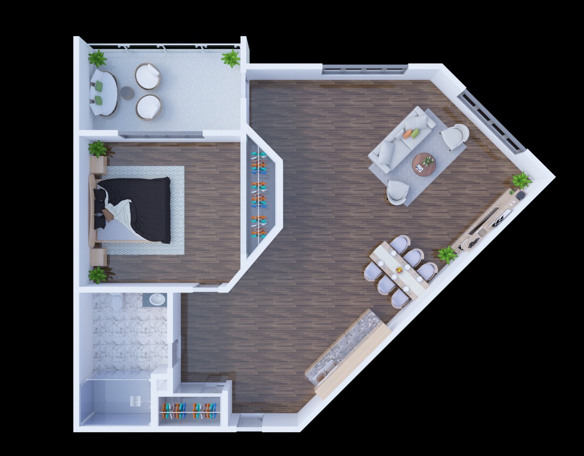 A modern apartment floor plan featuring an open living and dining area, kitchen, and bedroom.