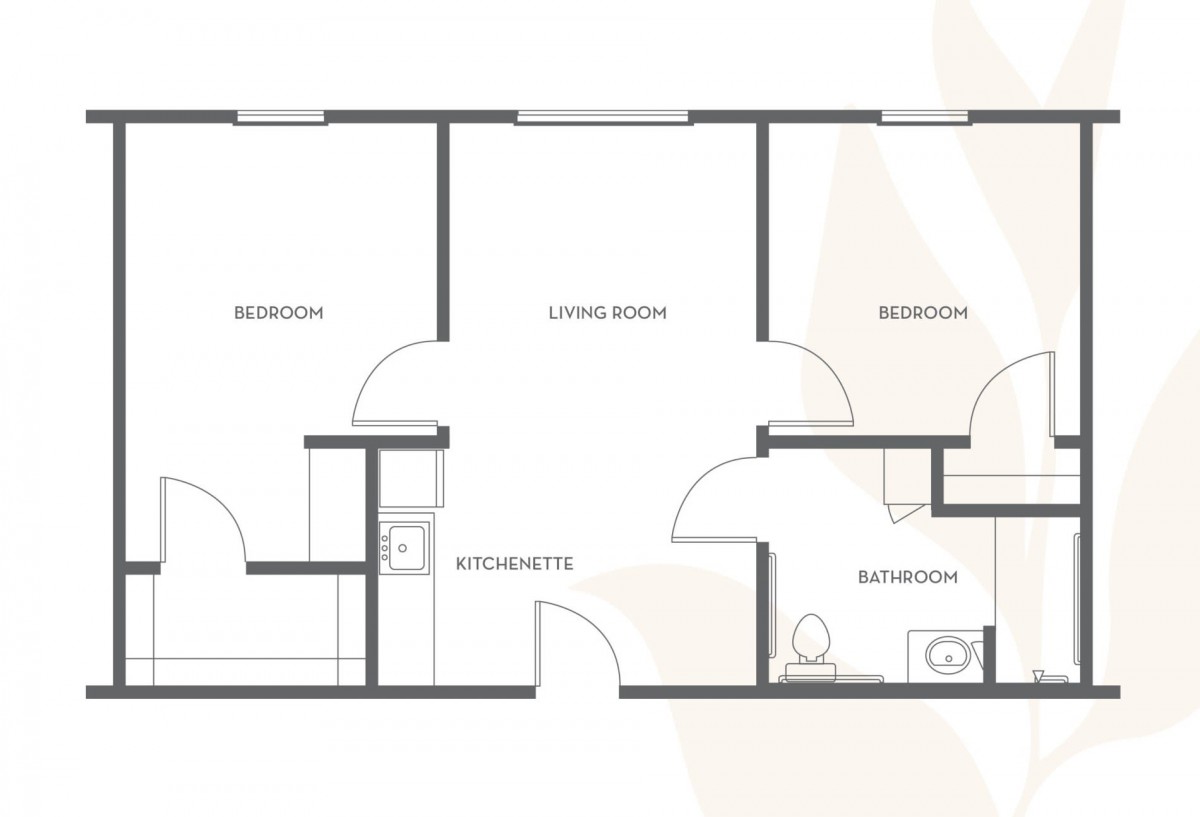A simple floor plan showing two bedrooms, a living room, kitchen, and a bathroom.