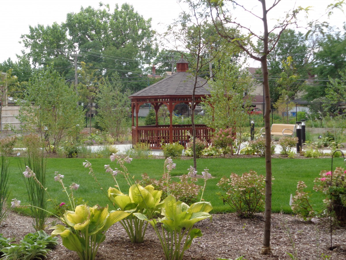 A serene garden with a wooden gazebo surrounded by lush greenery.