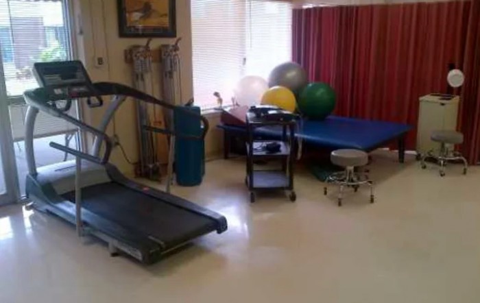 A physical therapy room equipped with a treadmill, exercise balls, and other rehabilitation tools.