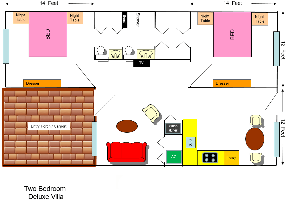 Floor plan of a two-bedroom villa showing the layout of rooms including a living room, kitchen, and bathroom.