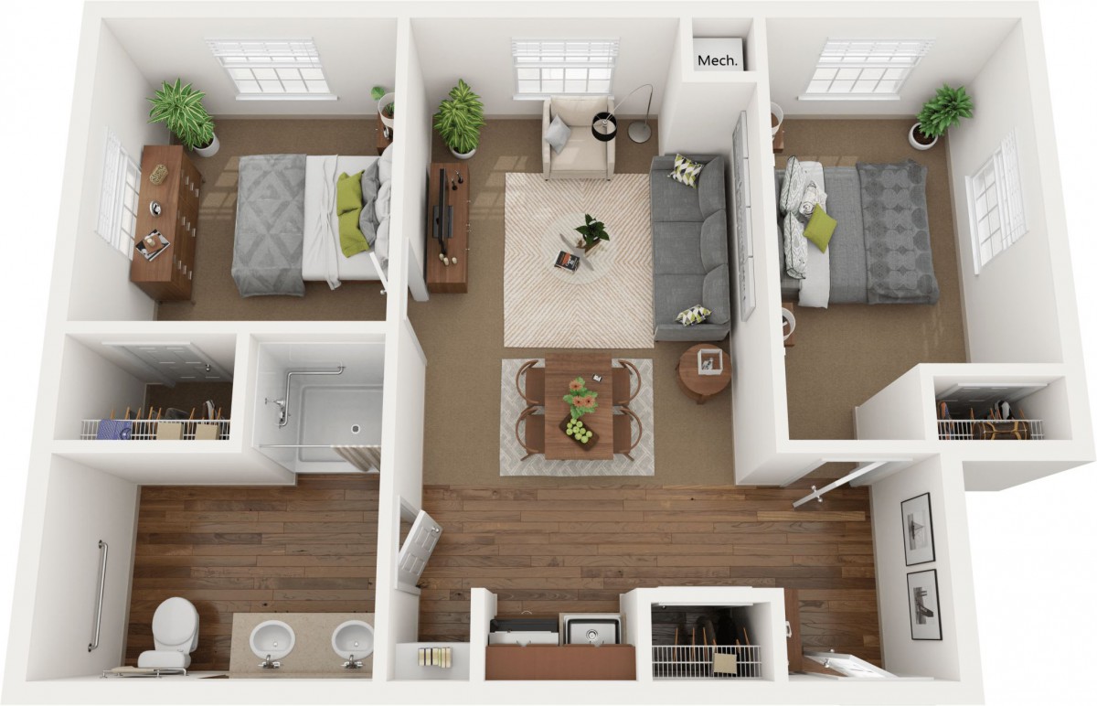 A minimalist two-bedroom apartment floor plan with an open living area.
