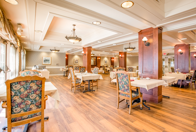 Spacious dining area with elegant decor and comfortable seating.