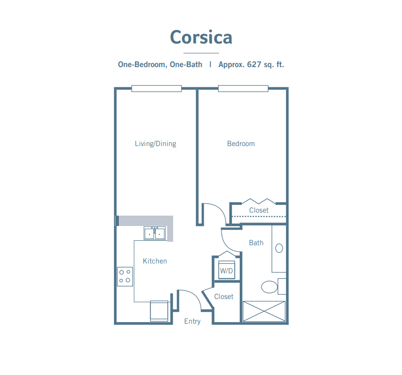 Corsica one-bedroom, one-bath floor plan with a living room and kitchen.