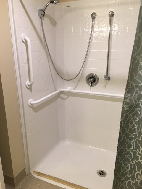 An accessible shower with grab bars and a handheld showerhead, featuring a patterned curtain.