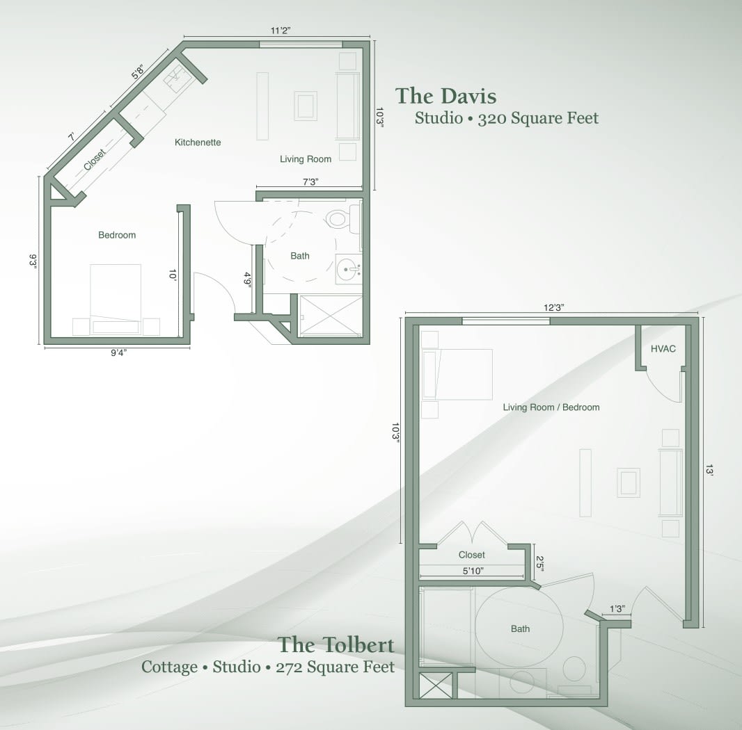 Floor plans for two studio apartments named 'The Swiss' and 'The Yellow'.