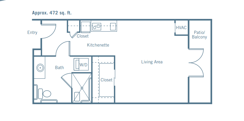 Studio apartment floor plan featuring a kitchenette, bathroom, closets, and living area.