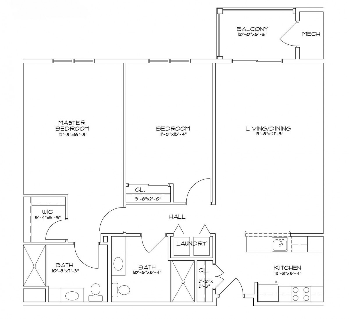 A detailed floor plan of a two-bedroom apartment.