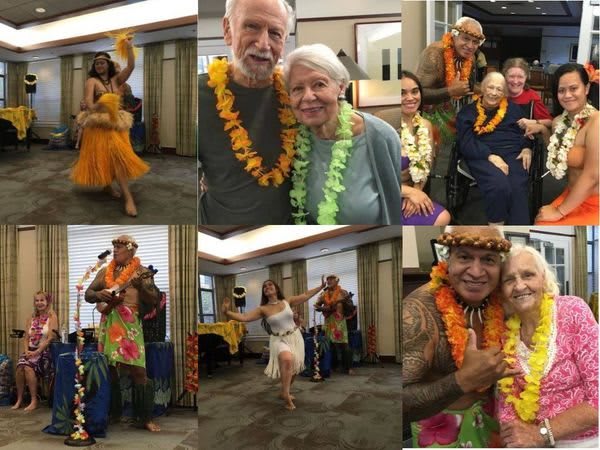 A lively Hawaiian-themed celebration with dancers and joyful participants wearing leis.