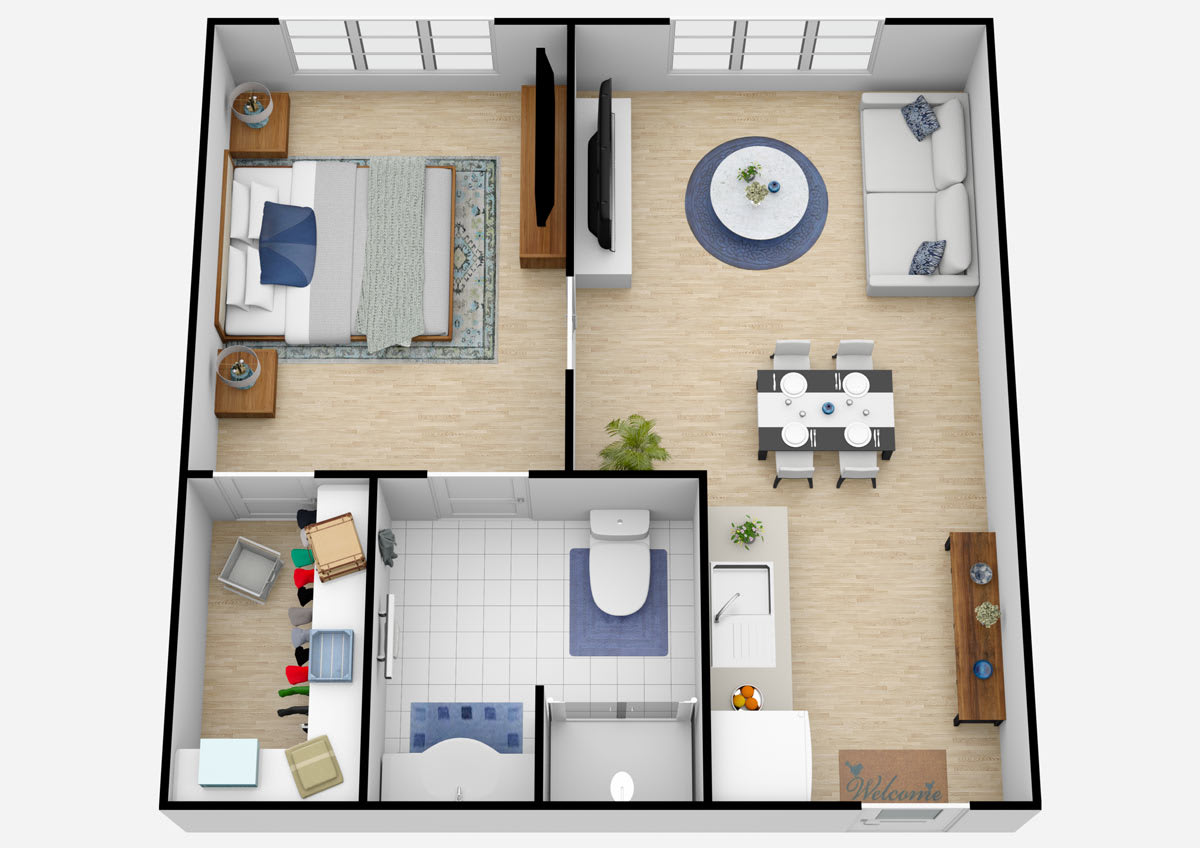 A 3D floor plan of a modern apartment featuring a bedroom, living room, kitchen, and bathroom.