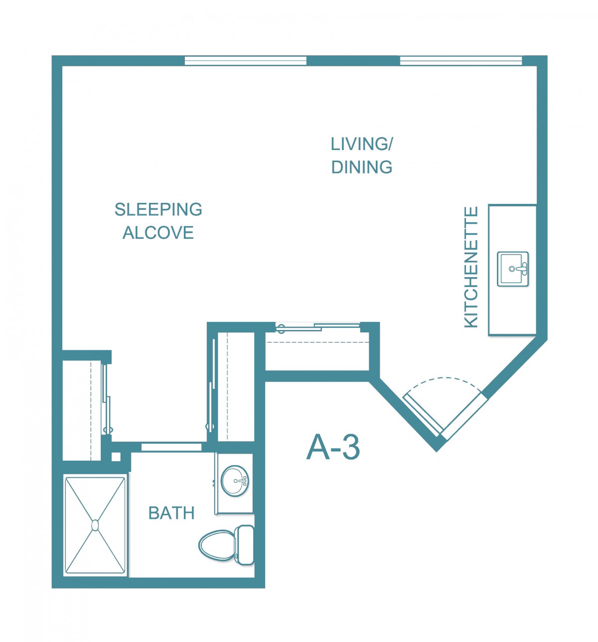 Studio apartment floor plan with designated sleeping alcove, living/dining area, kitchenette, and bath.