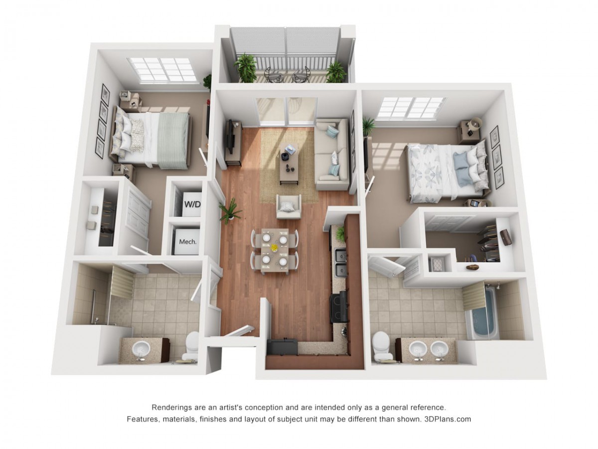 A detailed floor plan of a modern apartment featuring two bedrooms, a living room, kitchen, and bathrooms.