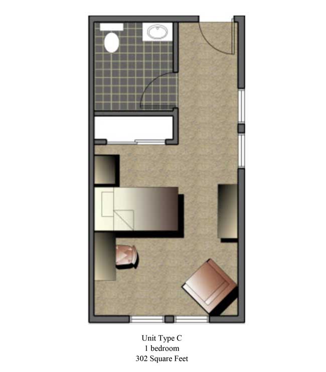 Compact studio apartment floor plan with a bathroom, kitchenette, and living area.