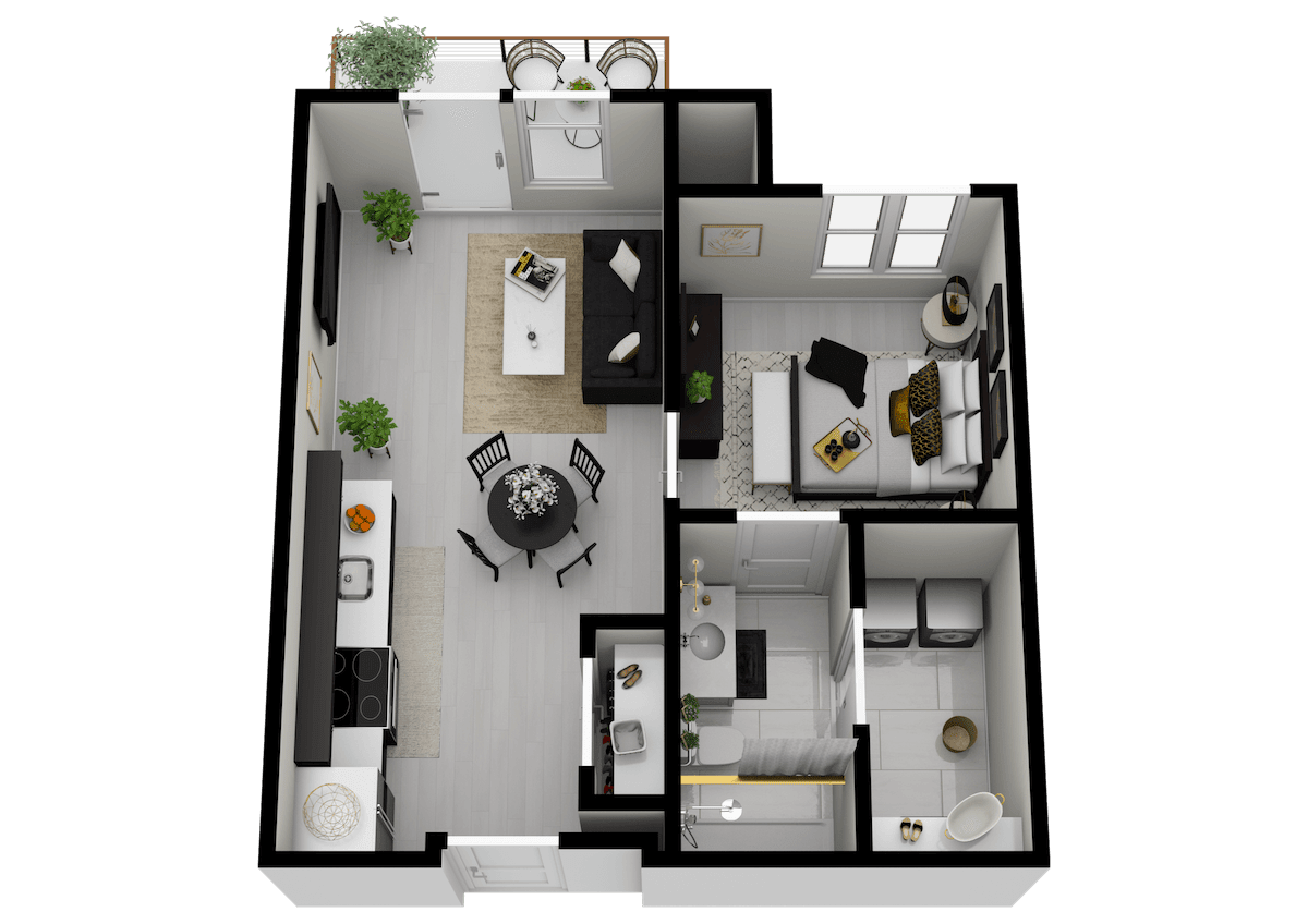 3D floor plan of a modern apartment featuring a living room, kitchen, bedroom, and bathroom.
