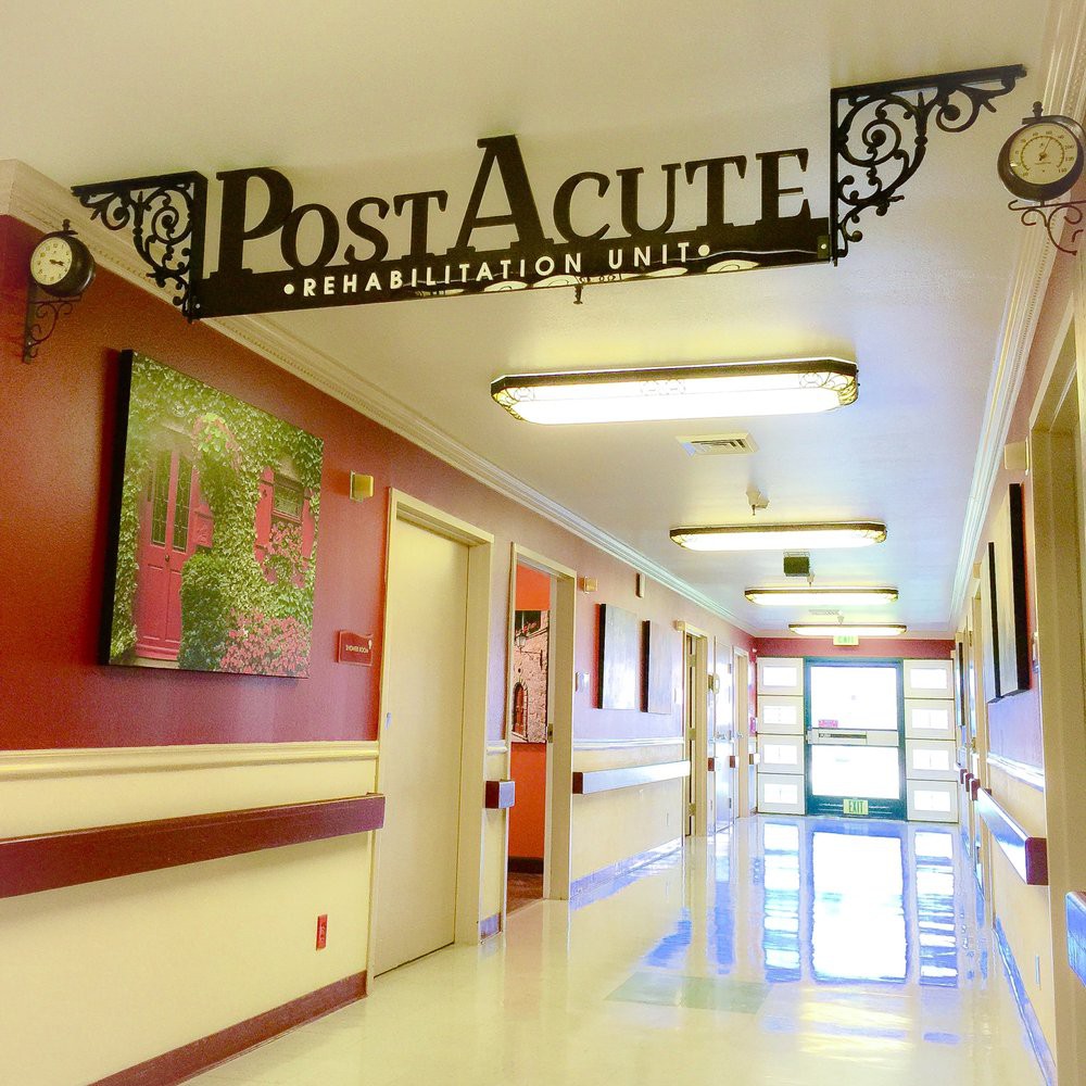 A hallway in a medical facility leading to the Post Acute Rehabilitation Unit.