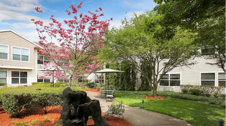 A picturesque garden with blooming flowers, trees, and outdoor seating on a sunny day.