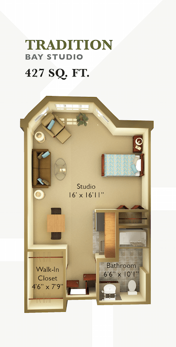 Studio apartment floor plan with furniture layout.