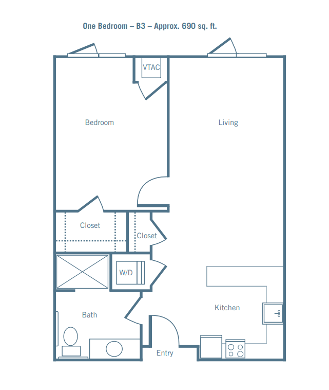 A floor plan layout of a one-bedroom apartment featuring a living area, kitchen, and bathroom.