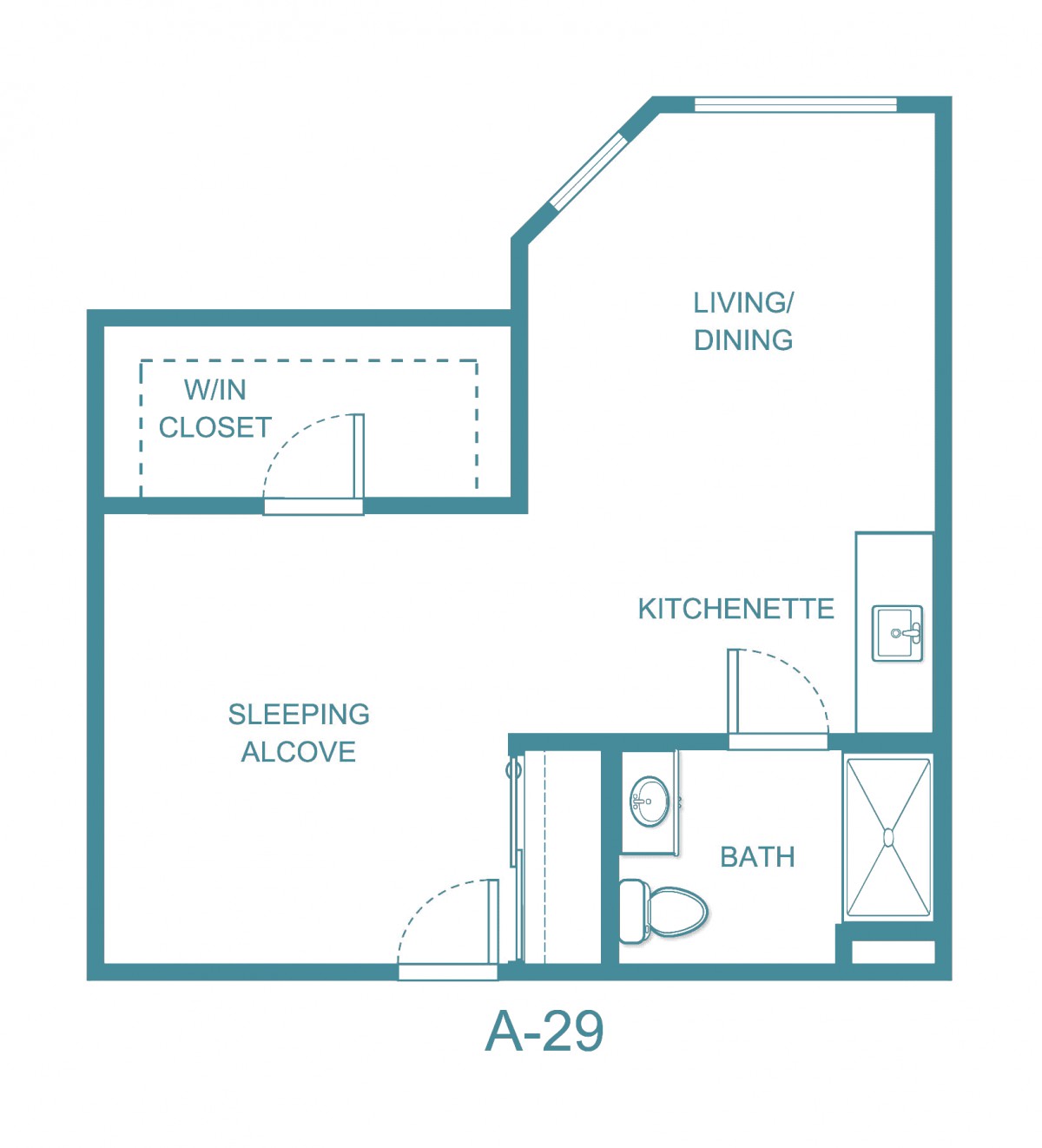 Studio apartment floor plan with a sleeping alcove, living/dining area, kitchenette, and bathroom.