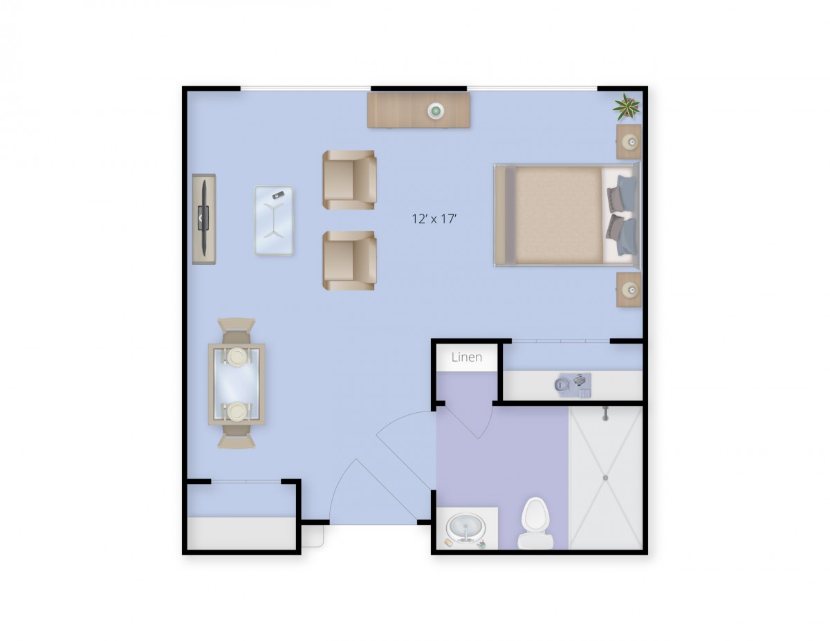 A simple one-bedroom apartment floor plan featuring a living room, kitchen, and bathroom.