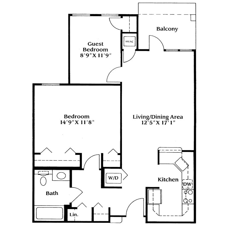 A floor plan of a two-bedroom apartment including a kitchen, living/dining area, bathroom, and guest bedroom.