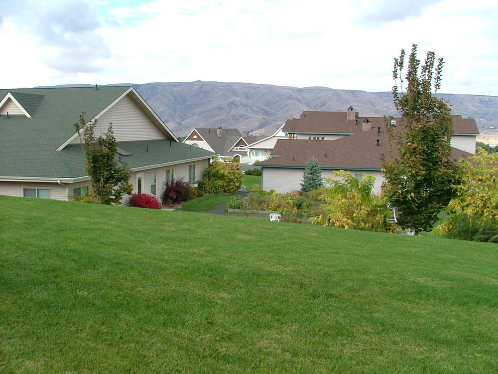 A suburban neighborhood with green lawns and houses set against a backdrop of mountains under a cloudy sky.