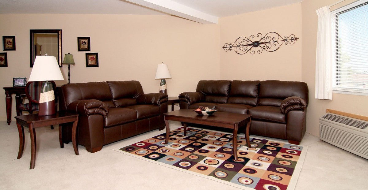 A cozy living room with brown leather sofas and a colorful area rug.