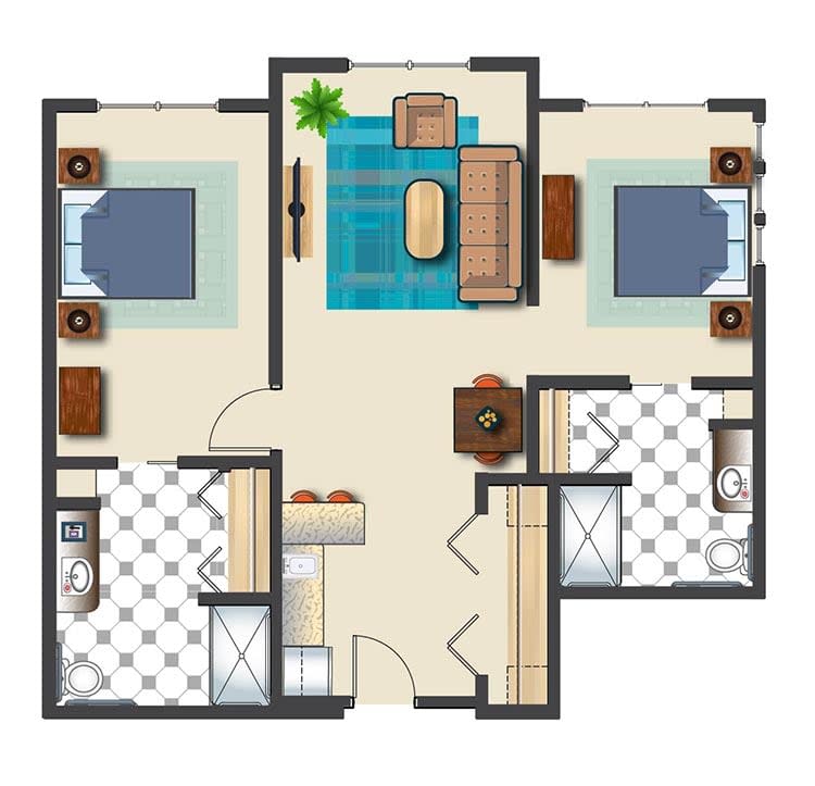 A floor plan of an apartment featuring two bedrooms, a living room, and two bathrooms.