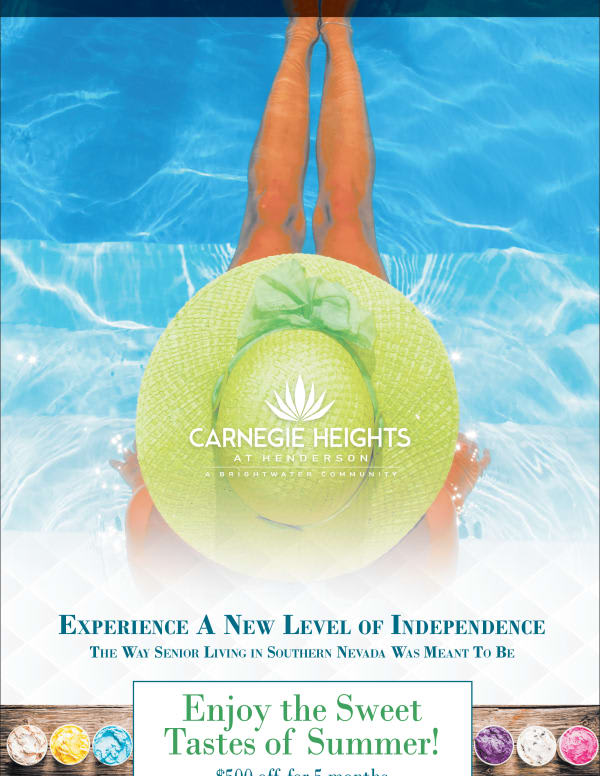 A vibrant summer scene depicting relaxation by the pool, featuring a person wearing a large sun hat with text promoting independence and senior living.