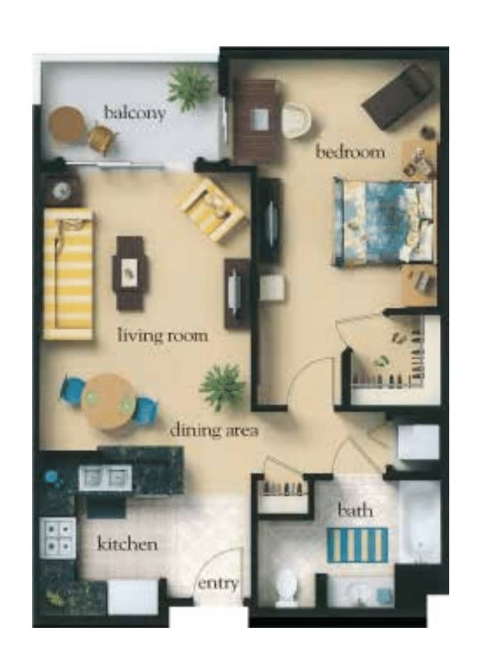This image shows a detailed floor plan of an apartment, featuring a living room, balcony, kitchen, two bedrooms, and a bathroom.