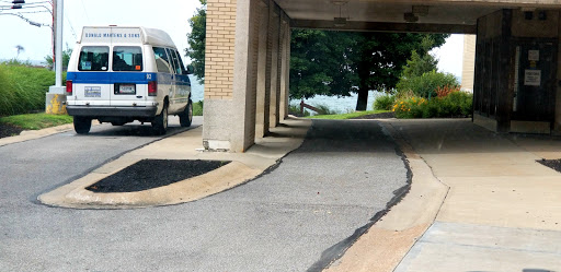 A view of a curved driveway with a parked van and trees in the background.