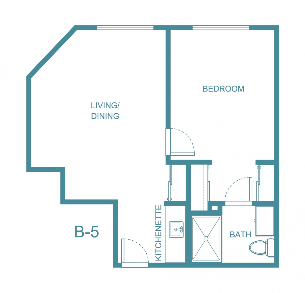 A compact floor plan featuring a living/dining area, bedroom, kitchenette, and bathroom.