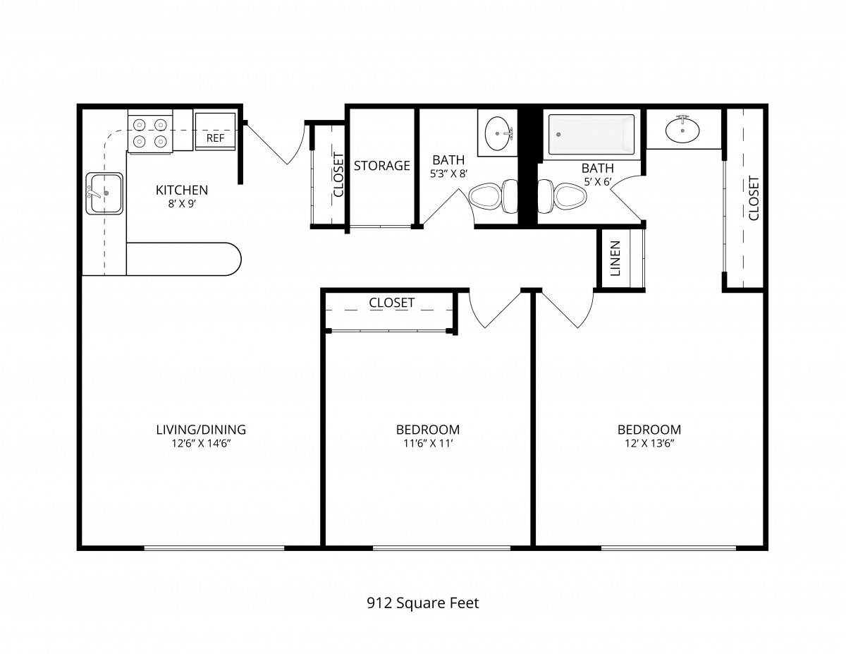 A two-bedroom apartment floor plan with designated areas for the kitchen, living room, and bathroom.