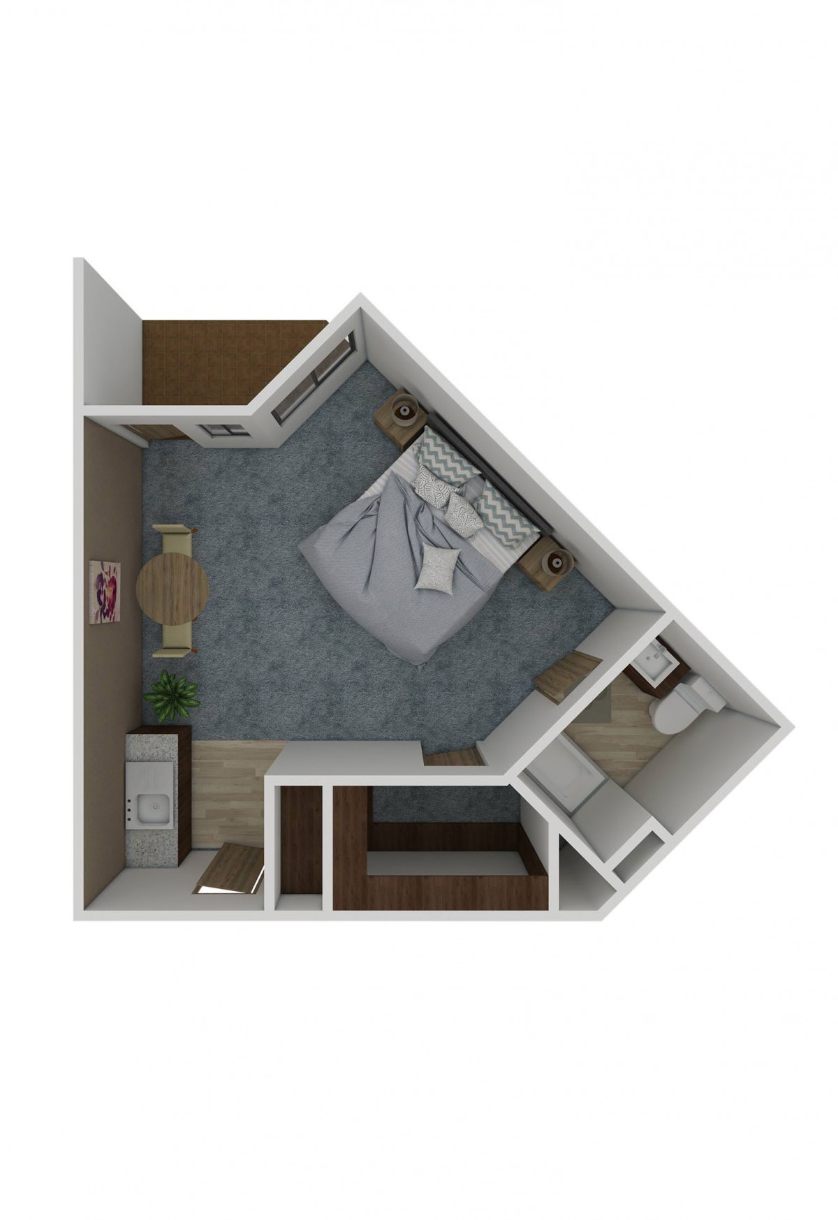 A triangular bedroom floor plan showing furniture placement and interior layout.